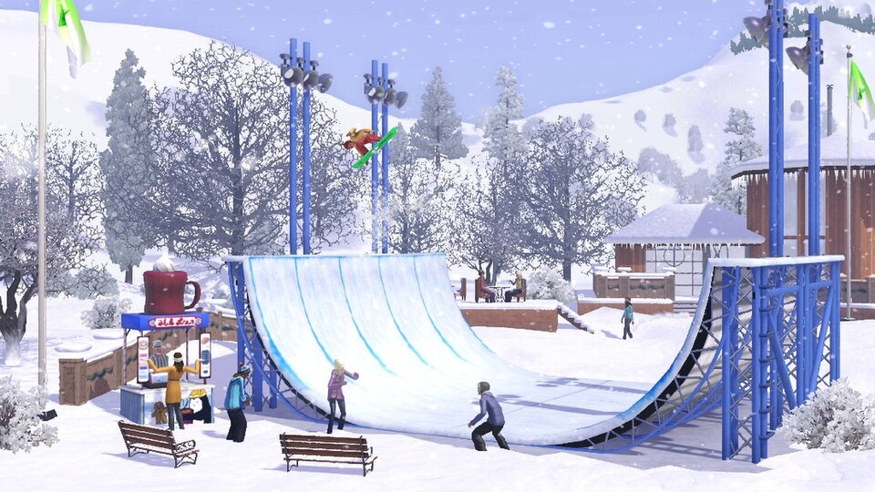 In die Sims 3: Vier Jahreszeiten verschlägt es die Sims auch auf eine verschneite Halfpipe.