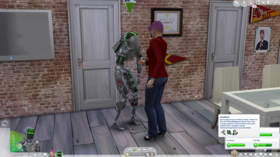 Unser selbst gebauter Servo-Roboter muss regelmäßig getunt werden. Fun Fact: In Sims 2 war das Servo-Tuning eine Flirtoption!