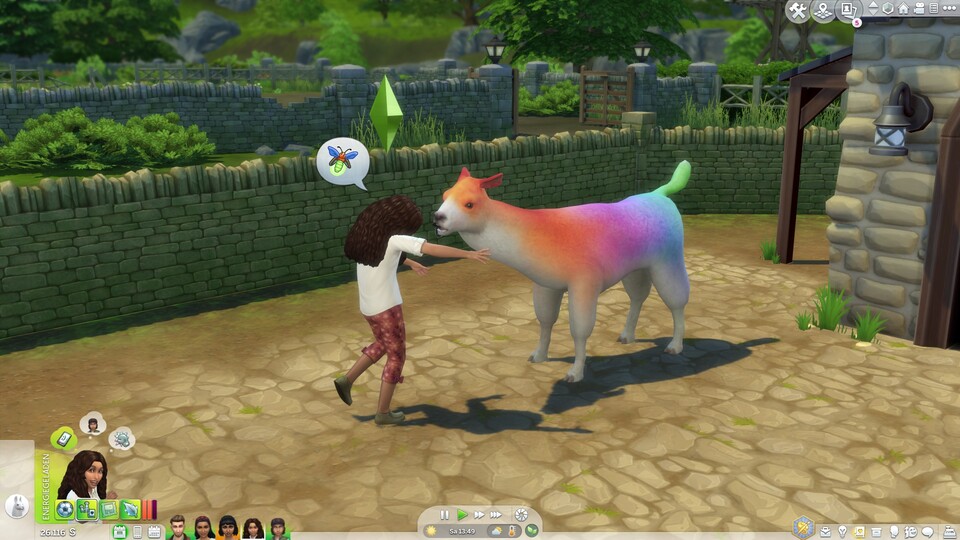 Mitten ins Gesicht! - Dieses Lama in Regenbogenfarben ist vom Kontaktversuch des Sim-Mädchens gar nicht begeistert.