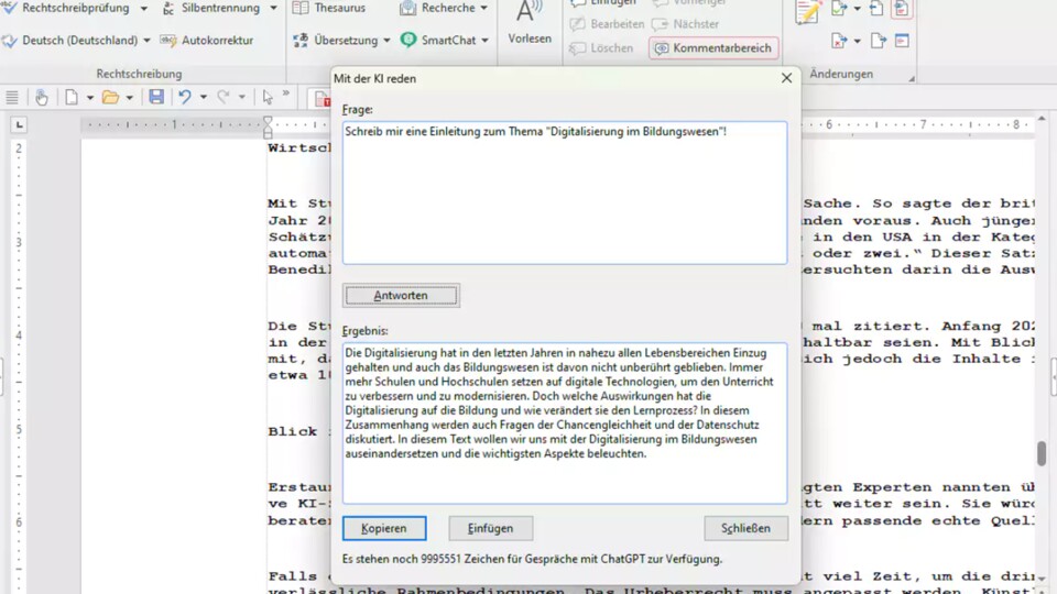 Auch im deutschen Pendant zu Microsoft Word hat GPT mittlerweile Eingang gefunden.