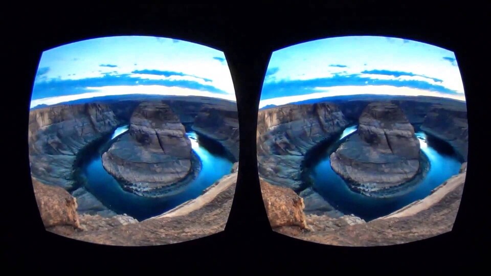 Zwei Einzelbilder auf dem Smartphone ergeben ein kopfumfassendes 3D-Bild vor den Augen des Nutzers.