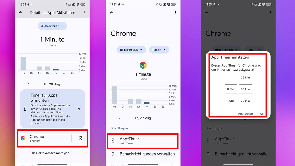 Mit App-Timern könnt ihr die Nutzungsdauer von Apps einschränken. (Bildquelle: GameStar Tech)