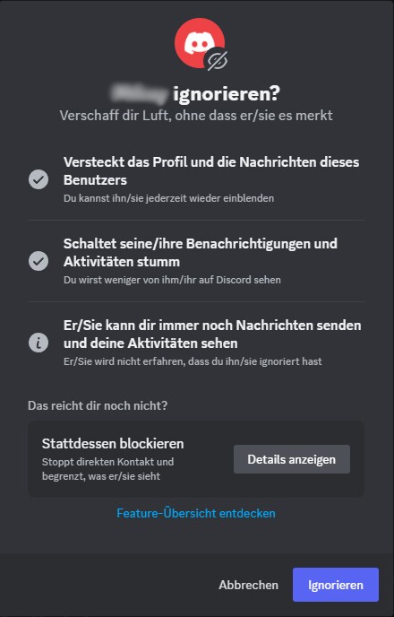 Zum Ignorieren müsst ihr einfach mit rechts auf den Namen der Person klicken. Dieses Fenster taucht dann auf.