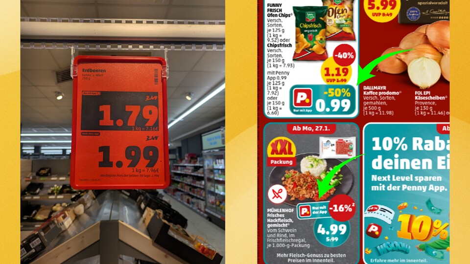Bei Penny kann man zurzeit sowohl im Supermarkt als auch in offiziellen Prospekten zwei Preise für ein Produkt sehen. Der günstigere bleibt denen mit App vorbehalten. (Bildquelle rechts: penny.de)