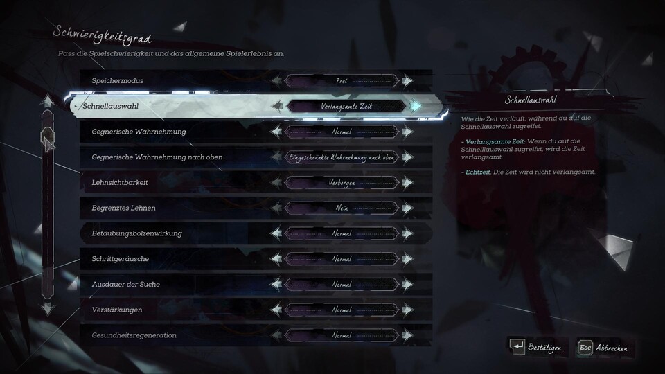 Das ist nur ein Ausschnitt der neuen Optionen, mit denen sich im Game Update #2 der Schwierigkeitsgrad von Dishonored 2 genauer einstellen lässt.