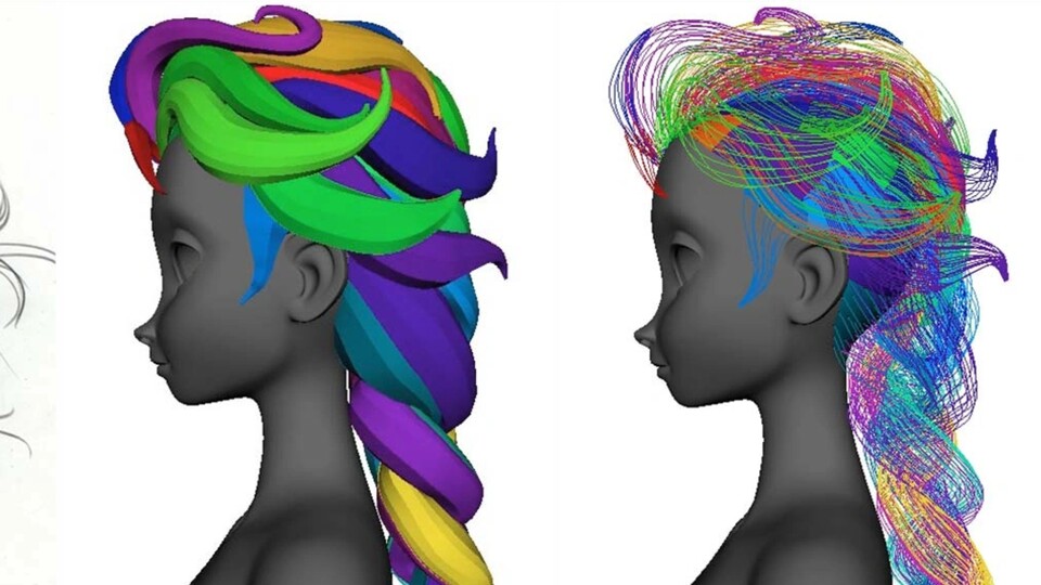 Bunt eingefärbt sind einzelne Haarteile, die dann entsprechend animiert und belichtet wurden. (Bildquelle: Disney Enterprises, Inc.)