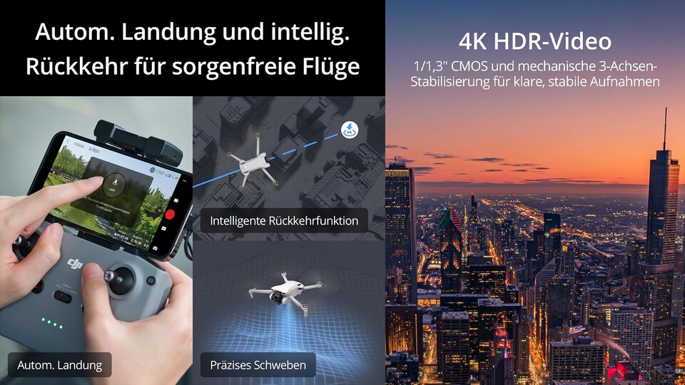 Verliert ihr die Drohne mal aus den Augen, könnt ihr sie einfach zu euch zurückkommen lassen. Auch das Landen klappt ganz von alleine.