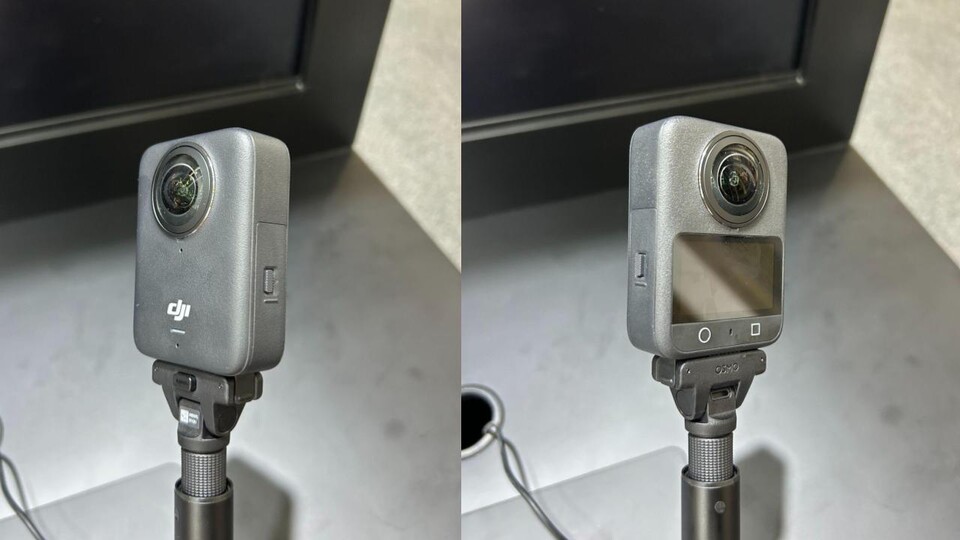 Die DJI Osmo 360 von beiden Seiten: vorne mit Display, hinten mit dem typischen Weitwinkelobjektiv für 8K-360°-Aufnahmen.
