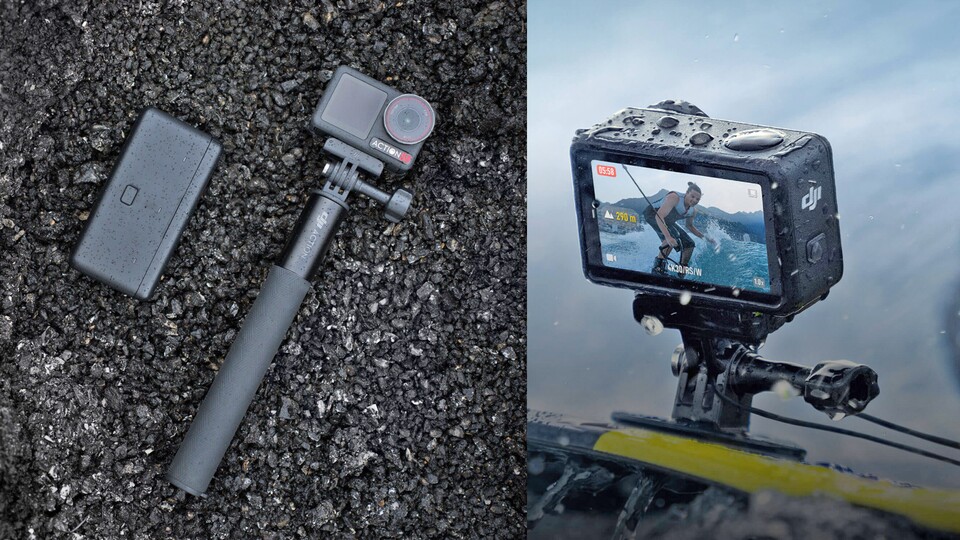 Neben dem 1,5 m Verlängerungsstab ist bei der Adventure Combo auch ein Case für zwei zusätzliche Akkus dabei.