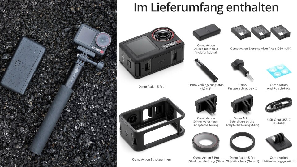 Neben den Akkus und Halterungen bekommt ihr auch einen praktischen 1,5m langen Verlängerungsstab.