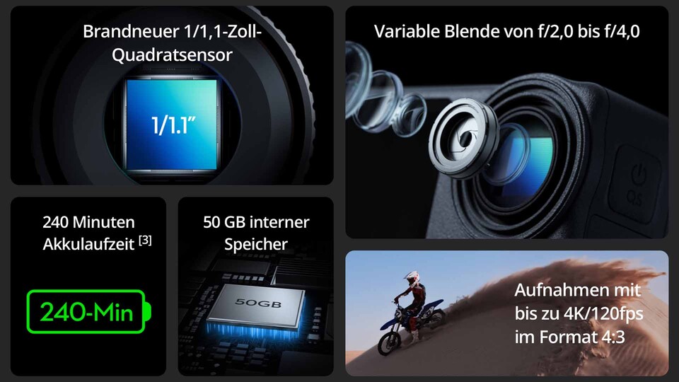 Der quadratische Sensor und die variable Blende verschaffen der DJI Osmo Action 6 bei unterschiedlichen Lichtbedingungen deutlich mehr Spielraum, sodass auch Aufnahmen bei eher widrigen Bedingungen kein Problem sind.