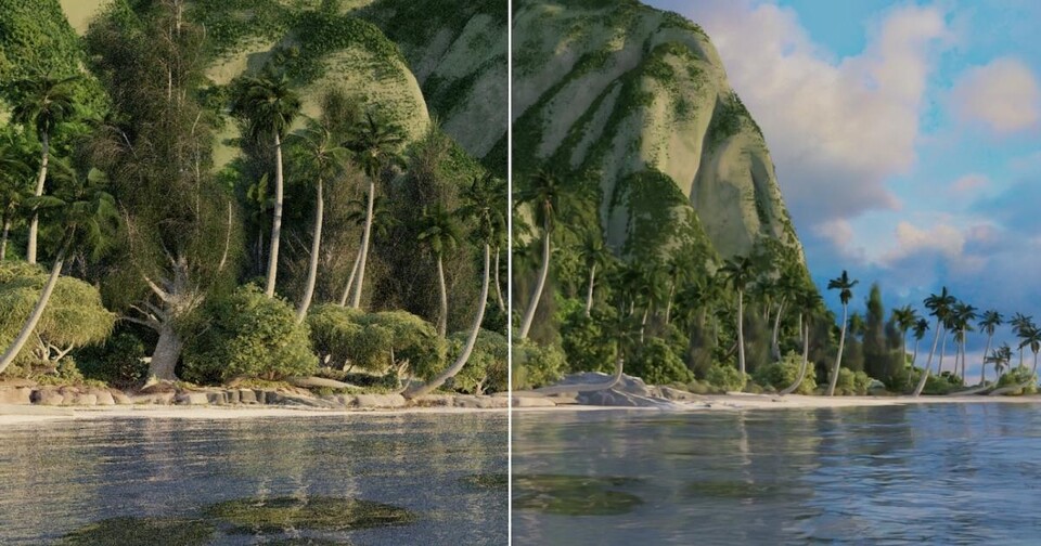 Wenig Strahlen pro Pixel erzeugen ein körniges, unruhiges Bild. Mit Denoisern wirds besser. Links seht ihr das Bild ohne und rechts mit Denoiser. (Bildquelle: 80LV)