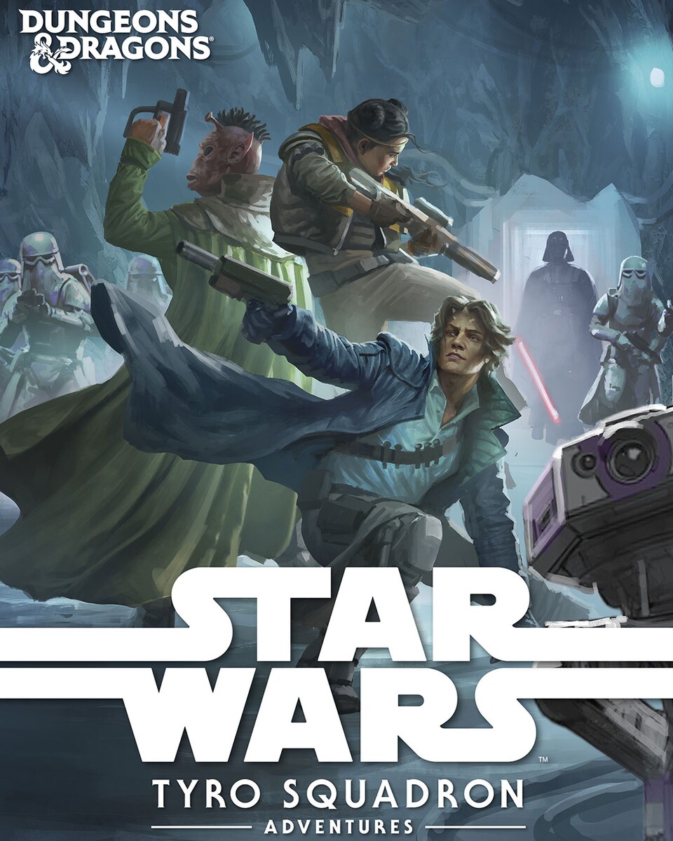 Hier nochmal das vollständige Cover des Kampagnen-Buchs Tyro Squadron: Adventures. Der finstere Typ mit dem roten Lichtschwert ist dabei kaum zu übersehen. Bildrechte: Wizards of the Coast.
