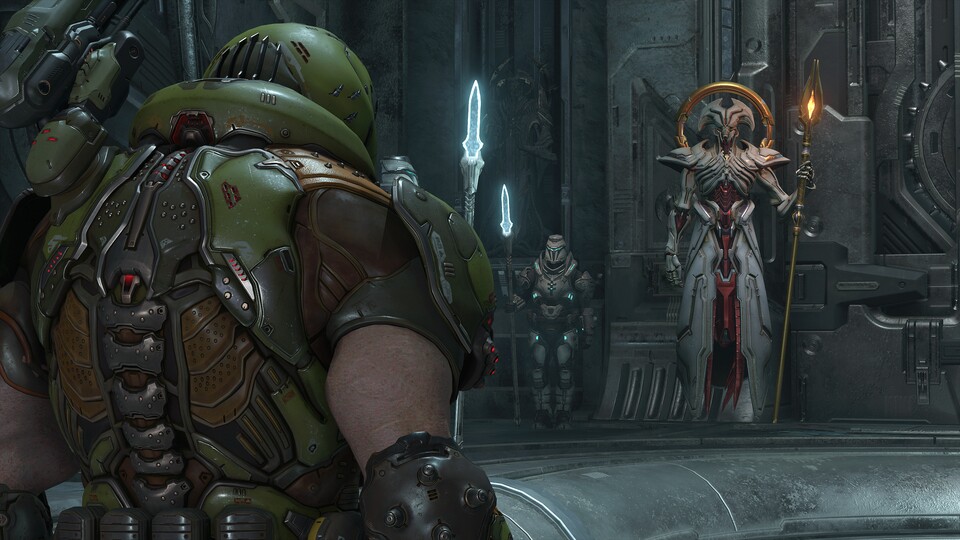 Doom Eternal treibt seine Story in kurzen Cutscenes und Audiologs voran. Darin sehen wir den Doom Slayer auch von außen, aber nie direkt sein Gesicht.