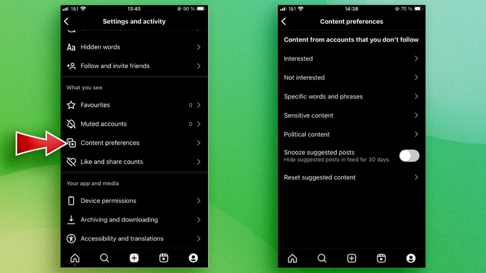 Über das Drei-Strich-Menü oben rechts kommt ihr zu euren Content-Präferenzen. Hier könnt ihr euren Feed mit eigenen Einstellungen aktiv verändern.