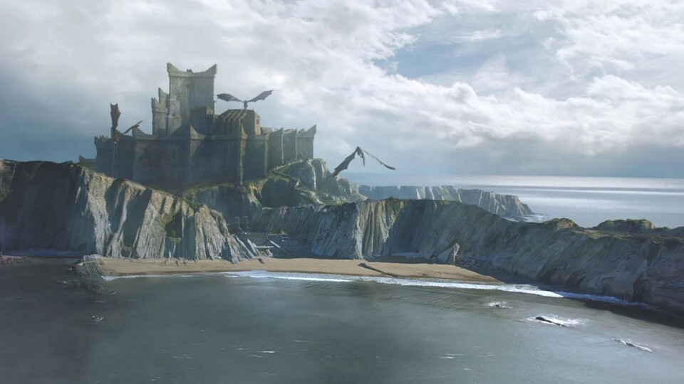 Three dragons circle over Dragonstone Fortress. Image: HBO