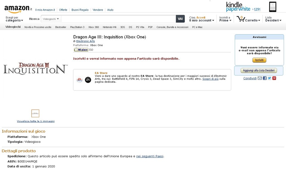 Dragon Age 3: Inquisition war kurzzeitig bei Amazon Italien gelistet.