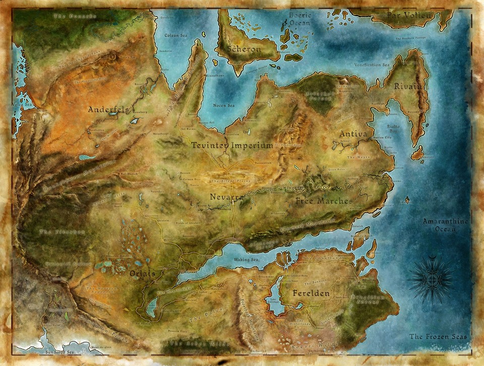 Die Dragon-Age-Spielwelt Thedas mit allen Provinzen.