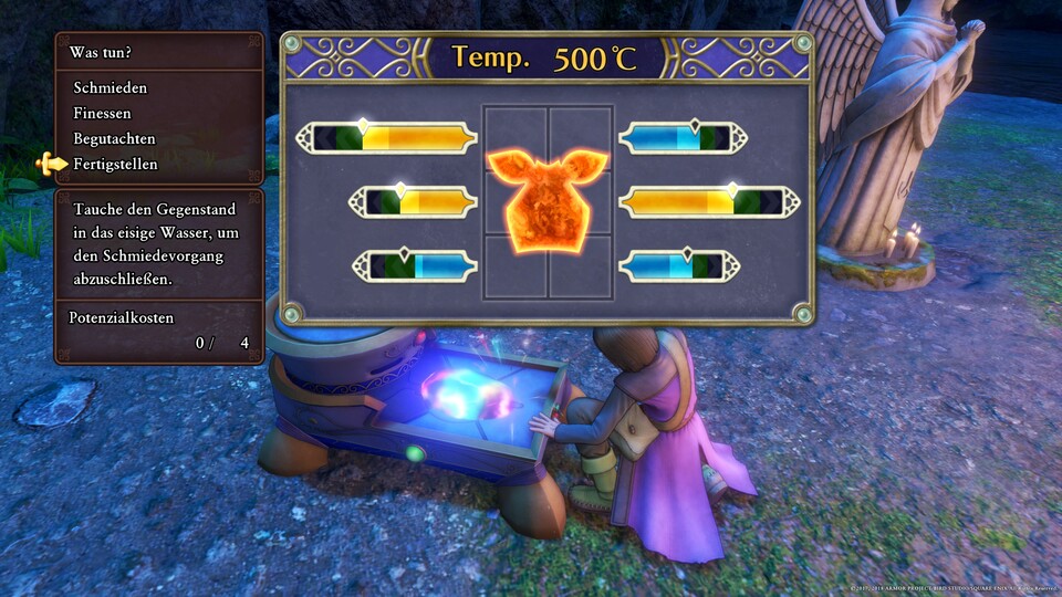 Wenn wir in Dragon Quest 11 unsere Ausrüstung schmieden, kann diese in einem Minispiel mit der richtigen Temperatur zusätzlich verbessert werden.