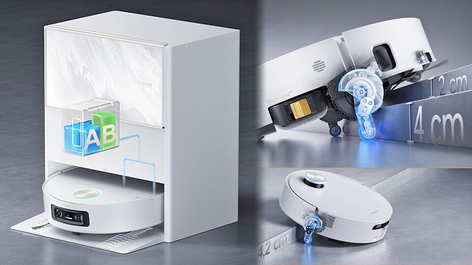 In der Station befinden sich zwei Behälter: Einer fürn Allzweckreiniger, einer für das Mittel gegen Tiergeruch. Außerdem packt er sogar Türschwellen mit 4,2 cm Höhe!