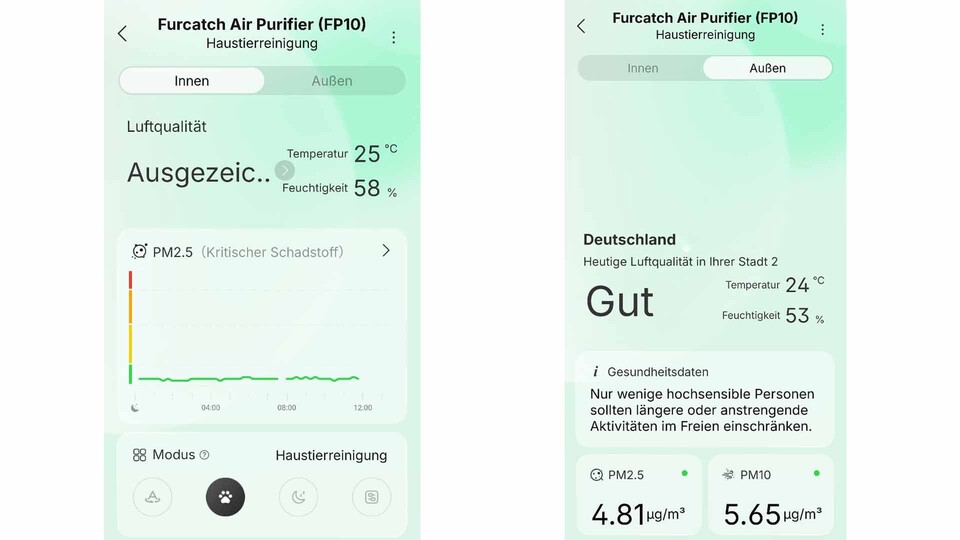 Per App habt ihr die aktuelle Luftqualität (Innen und Außen) mit dem DREAME FP10 immer genau im Blick.