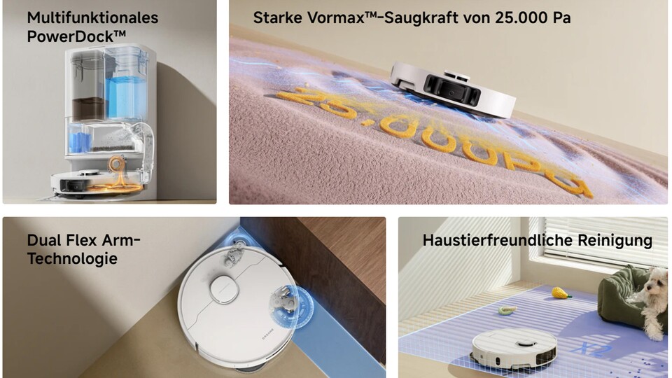 Selbstreinigend, 25.000 Pascal Saugleistung, gut gegen Tierhaare und eine Wischfunktion bis an die Kante sind inklusive!