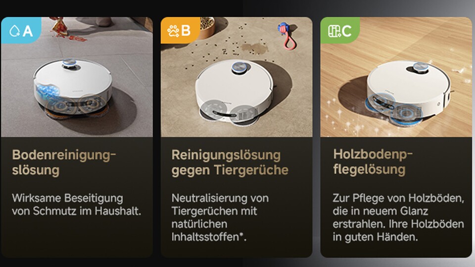 Für jede Situation und jeden Boden kann der Roboter automatisch das richtige Mittel verwenden!
