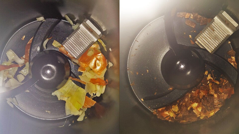 Nach dem Zwiebelschneiden bleiben gerne Reste über (l). Nachdem die Maschine fertig ist, bleibt nur noch trockener Schrot (r) über, den man als Dünger hernehmen kann.