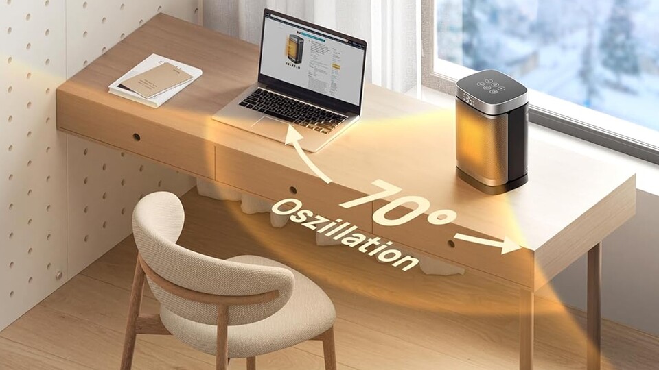 Schnelle und gleichmäßige Wärme: Mit der 1500 Watt starken PTC-Keramikheizung und 70° Oszillation wird jeder Raum im Nu angenehm warm.