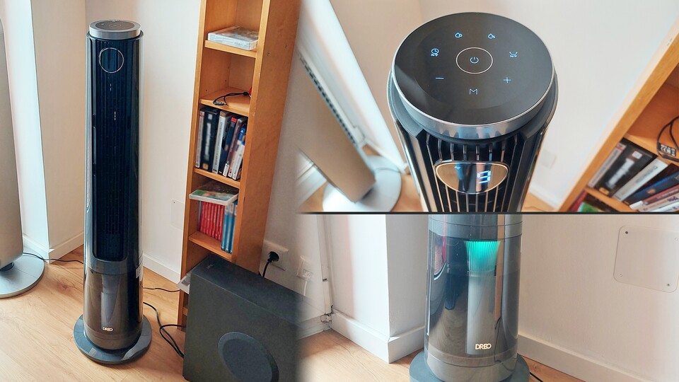 Der TurboCool 765S ist ein normaler Turmventilator, kann aber Nebel versprühen. Die LEDs im Wassertank zeigen an, ob die Luft zu feucht oder zu trocken ist.