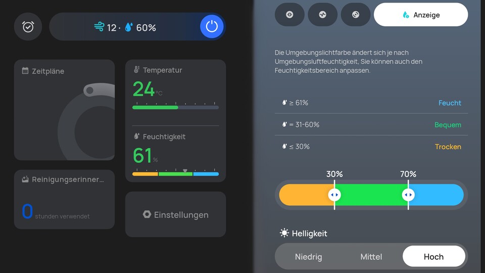 Über die App könnt ihr den Ventilator in euer Smart-Home-Systemintegrieren. Außerdem könnt ihr die Grenzwerte für die LEDs einstellen – gelb heißt z.B. dass die Luft zu trocken ist!