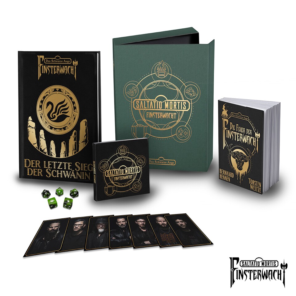 If you want the biggest package, including dice and autograph cards from the band, you can buy the complete Finsterwacht box from Ulisses. The package costs a total of 70 euros. Only the miniatures are not included.