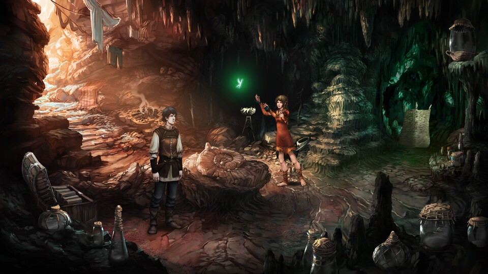 Der Held Geron untersucht eine Höhle, seine zeitweilige Begleiterin Nuri greift ihm mit speziellen Fähigkeiten unter die Arme.