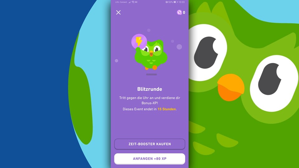 Mit Events wie der Blitzrunde lässt sich schnell viel XP verdienen. Darunter leidet der grundsätzliche Fortschritt in meinen Sprachlektionen.