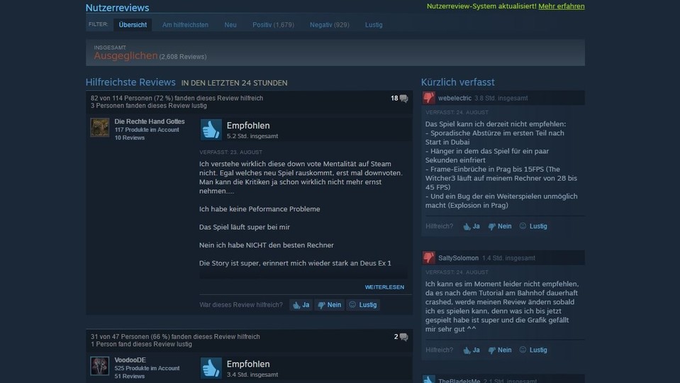 Bei den negativen Reviews von Deus Ex werden vor allem der In Game-Shop, die teils nur einmalig nutzbaren DLC-Inhalte, Probleme mit der Mausbeschleunigung und schlechte Performance sowie Abstürze kritisiert.