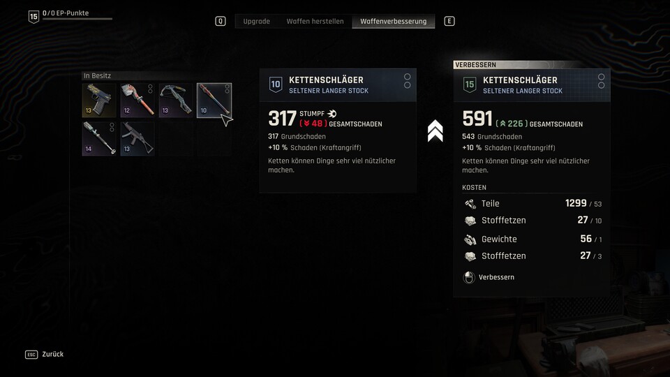 Besonders bei Nahkampfwaffen verdoppelt sich der Schaden alle fünf Level nahezu. Ihr könnt den Zahlen an der Werkbank aber nicht blind vertrauen, denn ihr seht hier immer die Grundwerte ohne eingebaute Mods. Im Zweifel ist der Schadenszuwachs höher als angezeigt.