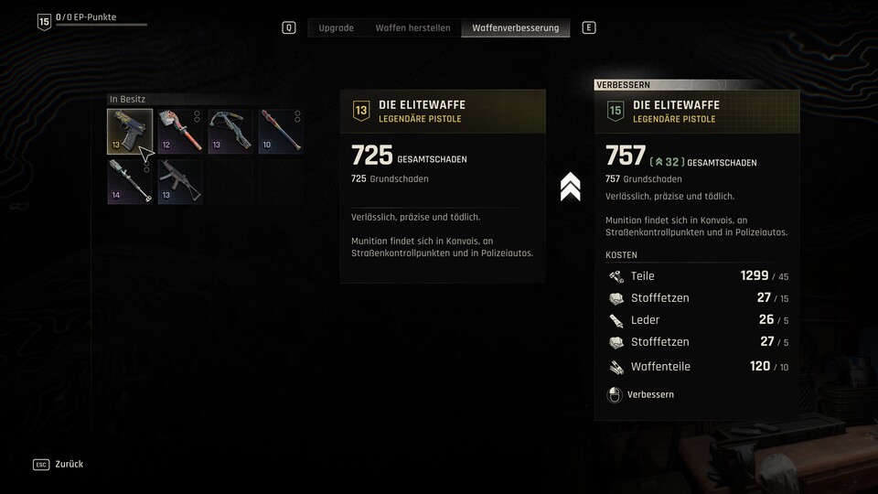 Legendäre Waffen verbrauchen bis zu 15 Stoffetzen pro Verbesserung. Wie ihr am Beispiel der Pistole aber ebenfalls seht, ist der Schadenszuwachs bei Schusswaffen oft überschaubar. Der Flammenwerfer profitiert dagegen stark von Upgrades.