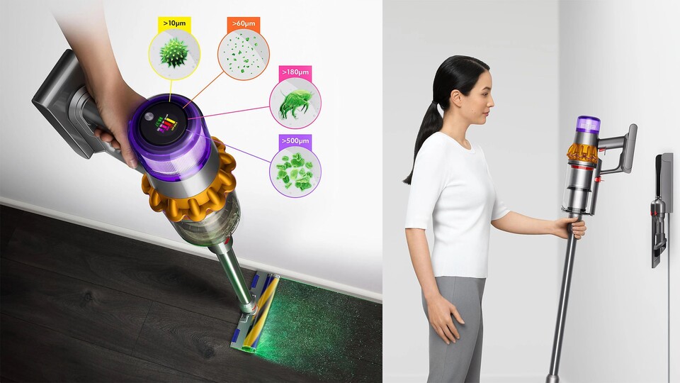 Das Display auf dem Dyson V15 Detect Absolut zeigt die Menge an Staub an und ist nach Partikelgröße sortiert.