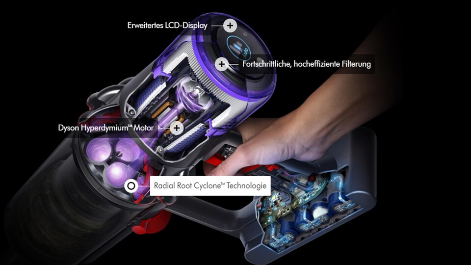Dank Cyclone-Technologie und Hyperdymium-Motor saugt der Dyson V11 richtig stark!