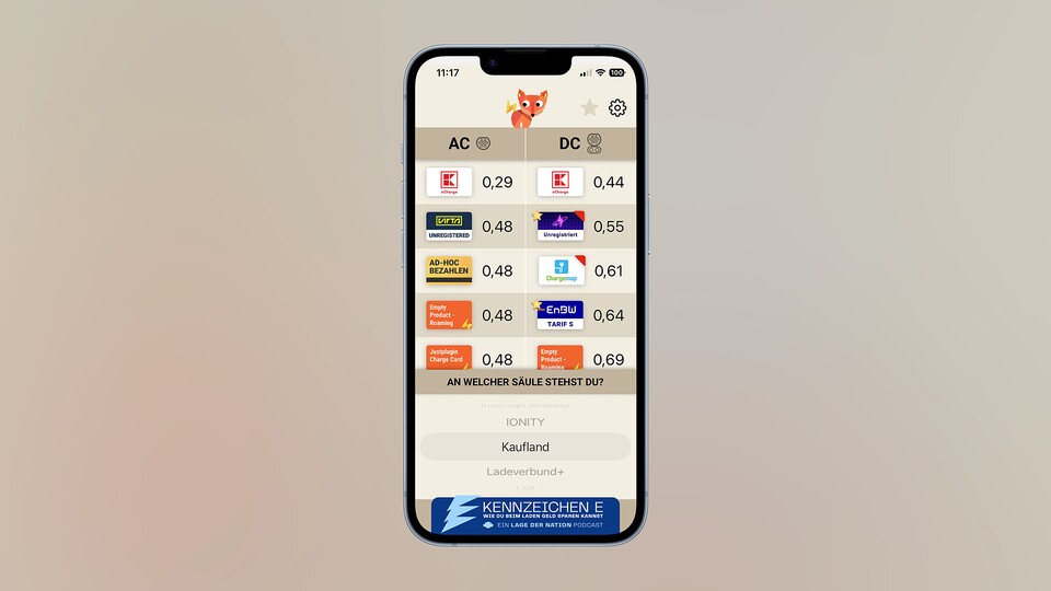 Die App Ladefuchs zeigt alle Anbieter und passende Preise für die jeweiligen Ladetarife.