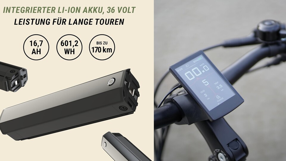 Der Akku hat mit 540Wh eine maximale Reichweite von 170 Kilometern. Zumindest auf dem Datenblatt. In der Realität ist das eher nicht zu erreichen.