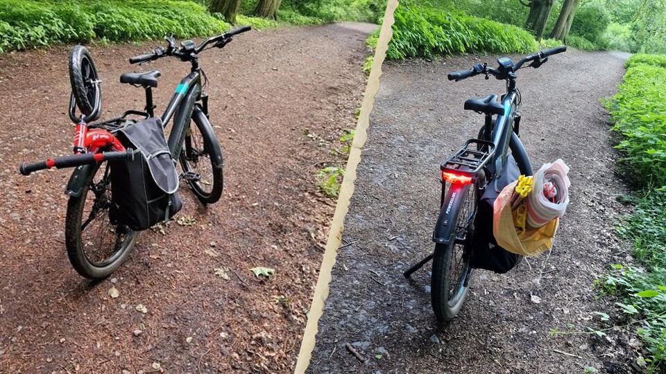 Ich hab mit meinem E-Bike sogar schon mal ein Laufrad transportiert (links). Hat mich selbst gewundert, wie leicht das ging. Auf der anderen Bildseite sind mein E-Bike mit 6-Meter-Windschutz inklusive Befestigung. (Bildquelle: Patrick FreeseGameStar Tech)