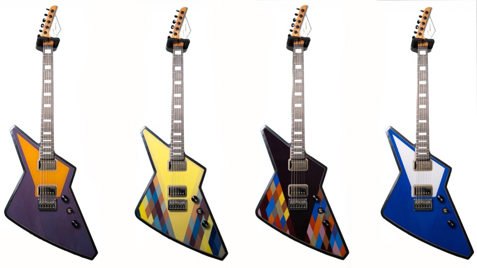 Viermal die gleiche Gitarre; das eingebaute E-Ink-Display mach den Designwechsel möglich. (Bildquelle: Cream Guitars)