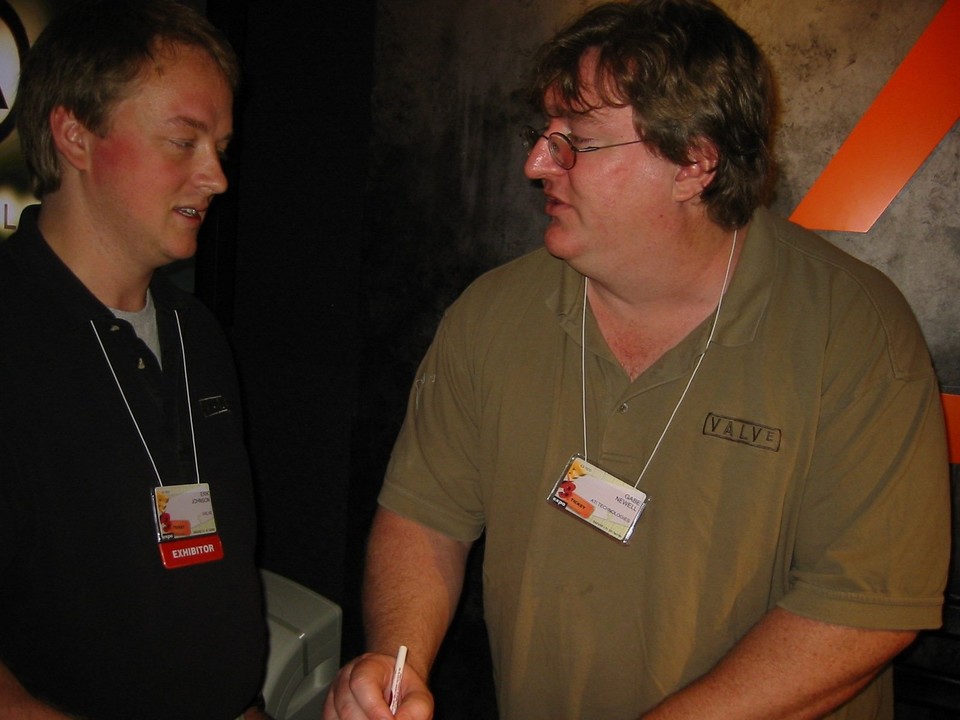 Gestresst sehen sie aus, Rick Johnson und Valve-Chef Gabe Newell (rechts).