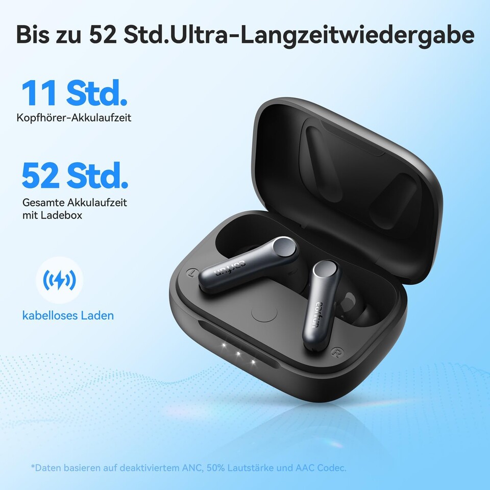 Im Case laden die Kopfhörer zügig wieder auf. Ich schließe meine einmal pro Woche an den Laptop an und das reicht dicke.