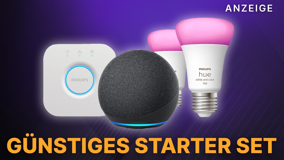 Mit Philips Hue Color and White als auch dem Amazon Echo Dot 4 erschafft ihr neue Farbspektakel in eurem Gaming Room.