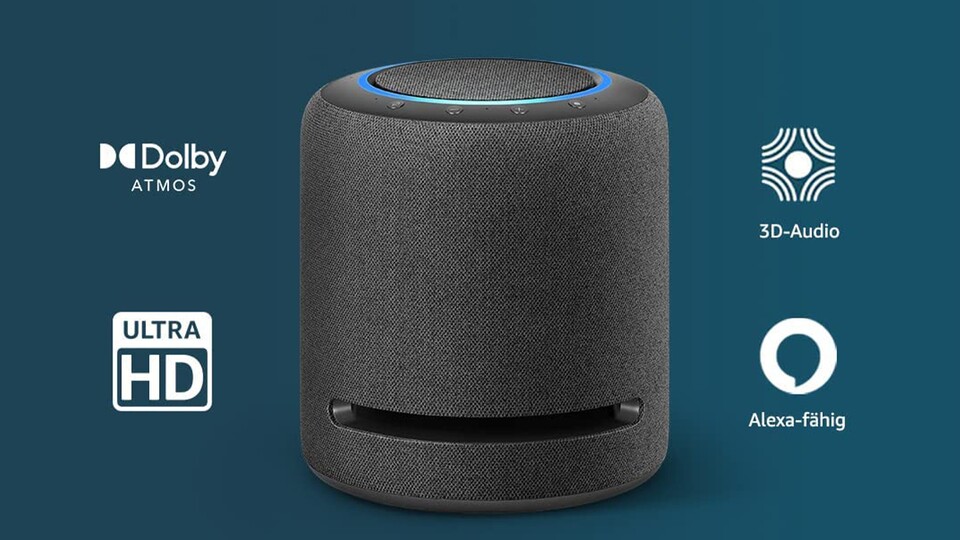 Mit dem Echo Studio bekommt ihr eine Premium Version eines Echo Dots mit dem ihr sogar ein Heimkino aufbauen könnt dank Dolby Atmos Qualität.