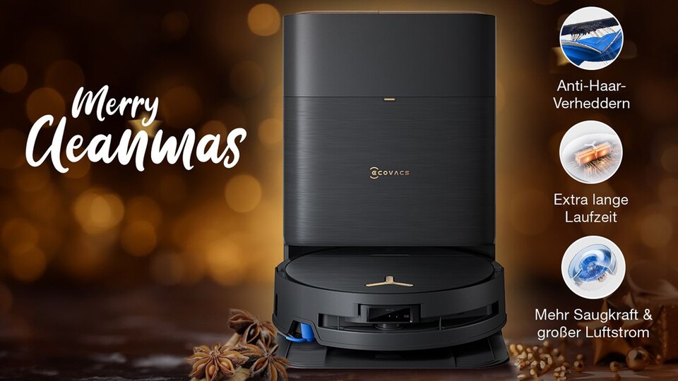 Endlich strahlende Sauberkeit unterm Weihnachtsbaum: Mit bis zu 16.600 Pa Saugleistung entfernt der X9 PRO OMNI selbst tief sitzenden Schmutz.