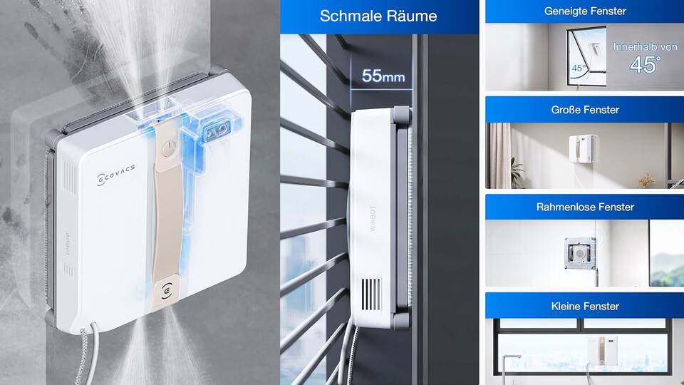 Egal ob bis zu 45° schräge Fenster am Dach oder sogar Balkone aus Glas: Schwer erreichbare Ecken sind somit deutlich sicherer zu putzen.