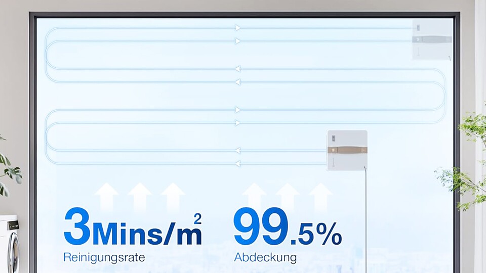 Der WINBOT MINI erkennt automatisch den effizientesten Weg zu Reinigung und fährt diesen von oben nach unten ab.